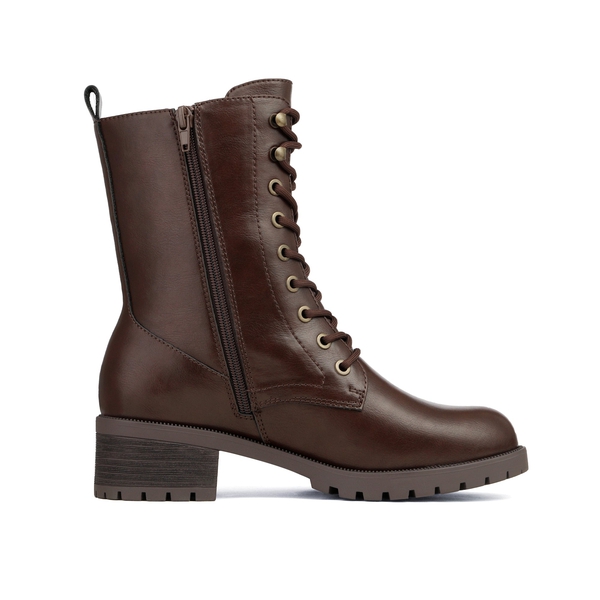 Mid Calf Chunky Lace Up Boots - BROWN PU - 2